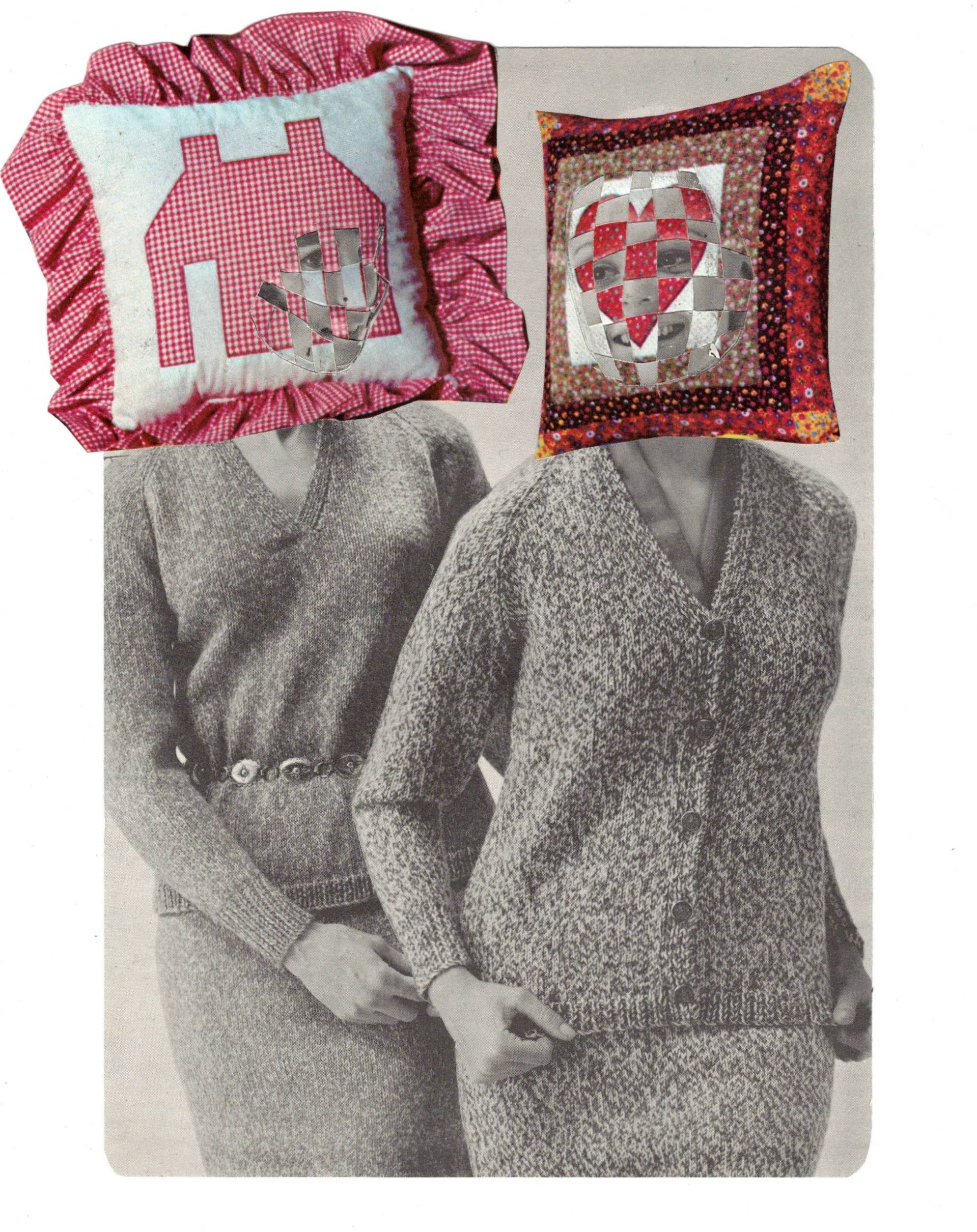 Collage of two people with their heads obscured by pillows